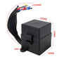 Black relay fuse box with mounting hole and braided wire harness