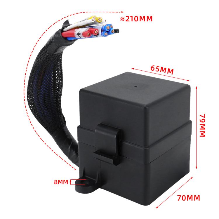 Black relay fuse box with mounting hole and braided wire harness