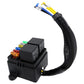 Black fuse box with relay and multi-wire harness, blade fuses visible