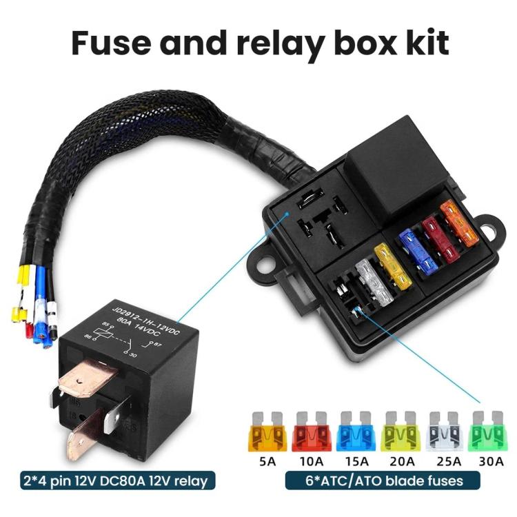 Fuse and relay box kit with braided wiring harness and colorful fuse caps