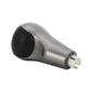 Manual gear shift knob with black end cap, silver body, mounting prongs