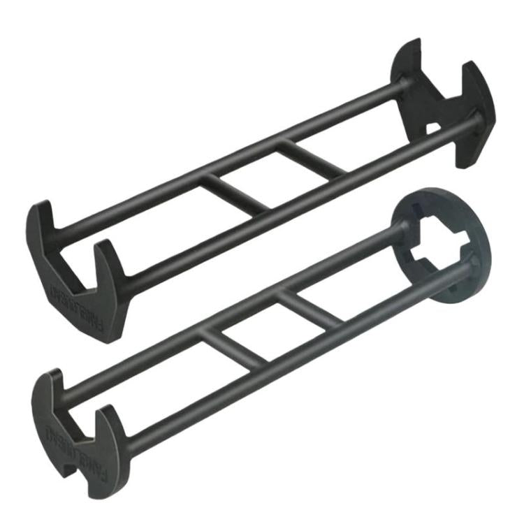 Pair of black multi-function faucet installation wrenches with bayonet-style ends