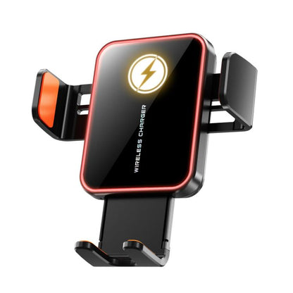 Auto-clamping car air-vent wireless phone charger with orange LED display