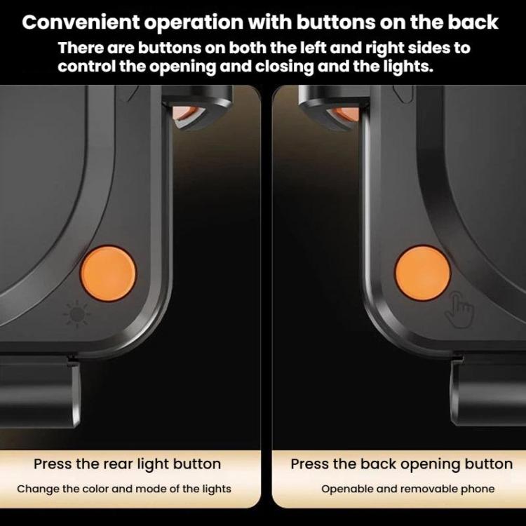 Wireless charger mount with back buttons for opening, closing, and light control
