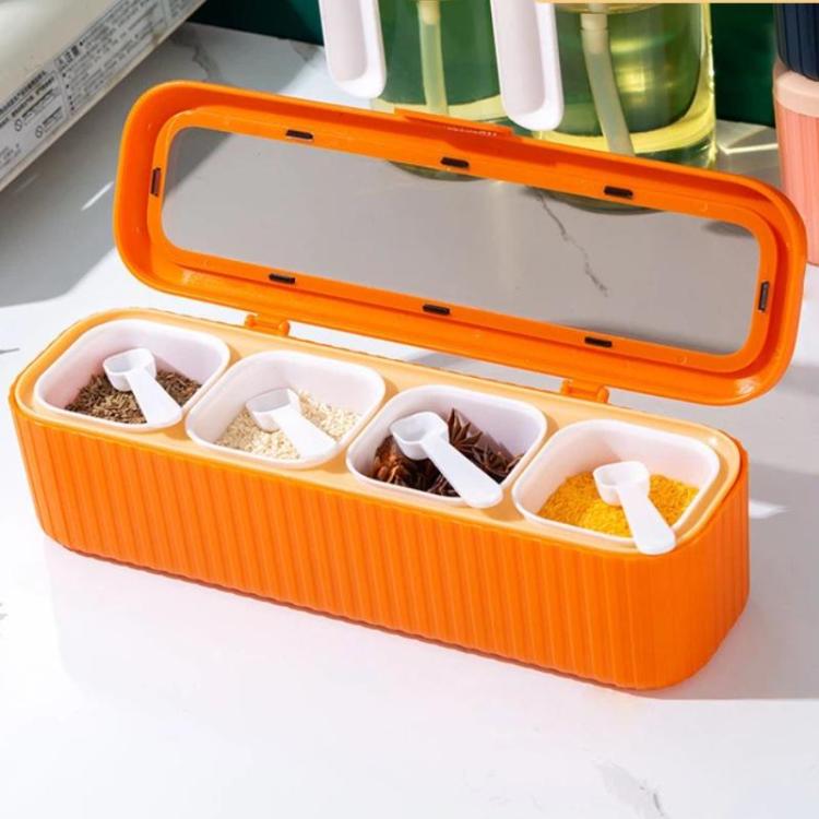Orange 4-compartment seasoning box with integrated clear lid and small measuring spoons