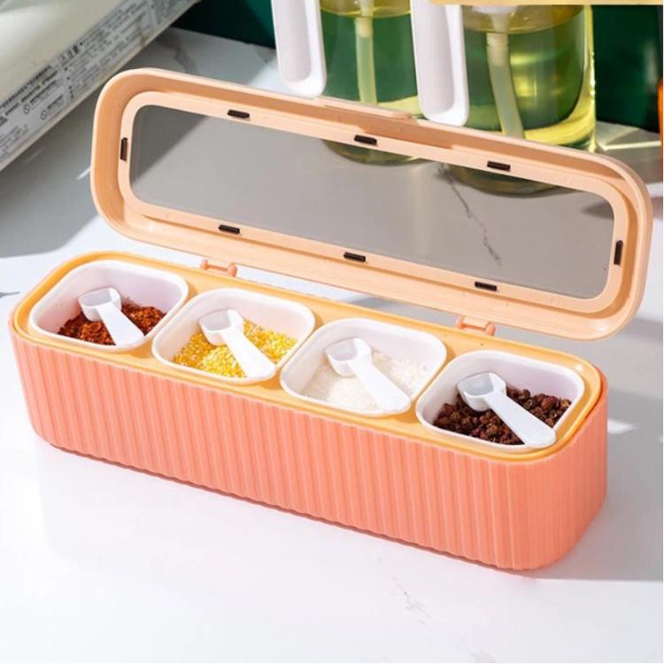 Peach 4-compartment spice organizer with integrated clear lid and four measuring spoons