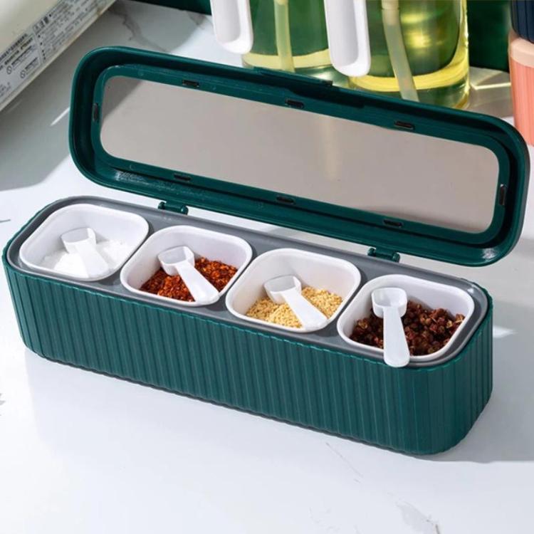 Teal 4-compartment seasoning box with integrated clear lid and four measuring spoons