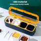 Blue 4-compartment seasoning box with yellow lid, clear window, and measuring spoons