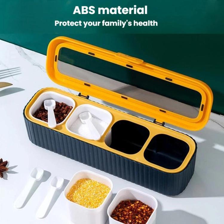Blue 4-compartment seasoning box with yellow lid, clear window, and measuring spoons