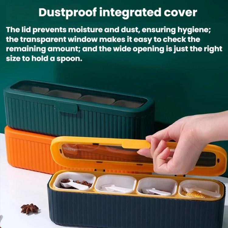 Green-and-orange seasoning box with transparent lid over four condiment compartments