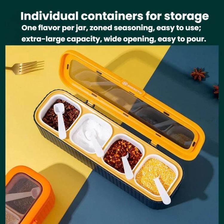 Orange 4-compartment spice box with transparent lid and individual spoon compartments