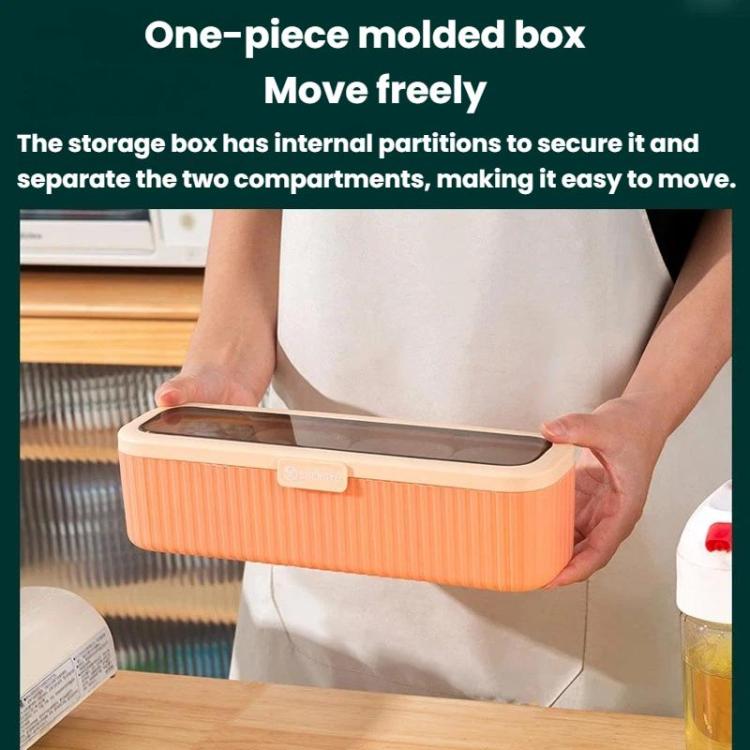 Orange 4-compartment seasoning box with hinged lid held upright by a hand