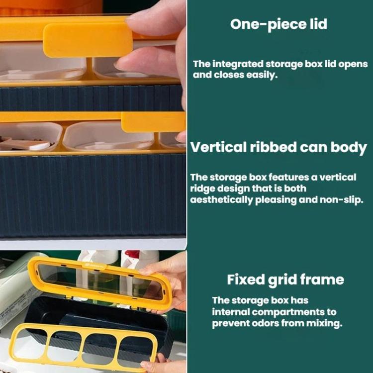 Orange seasoning box detail: ribbed can body and grid frame inside storage compartments