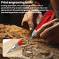 Red-handled print engraving knife carving lines into wood with metal blade tip