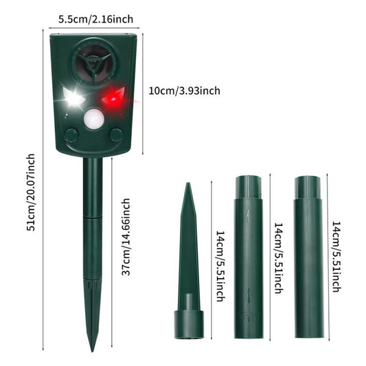 Outdoor solar ultrasonic animal repellent device with stake, dark green size view