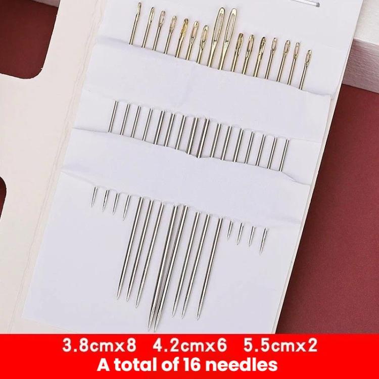 Gold-eye milliners hand sewing needles, size 3/9, 16 needles in white holder