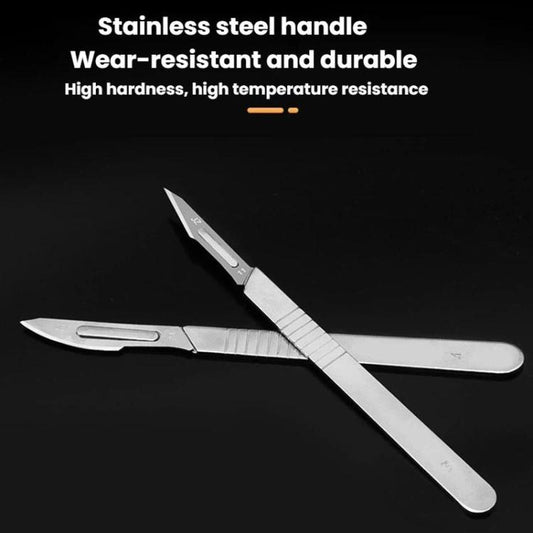 Two stainless steel utility knives with slim handles and flat card-blade tips