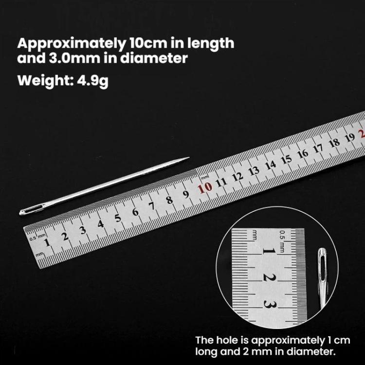 Long quilt sewing needle beside ruler, showing large eye opening