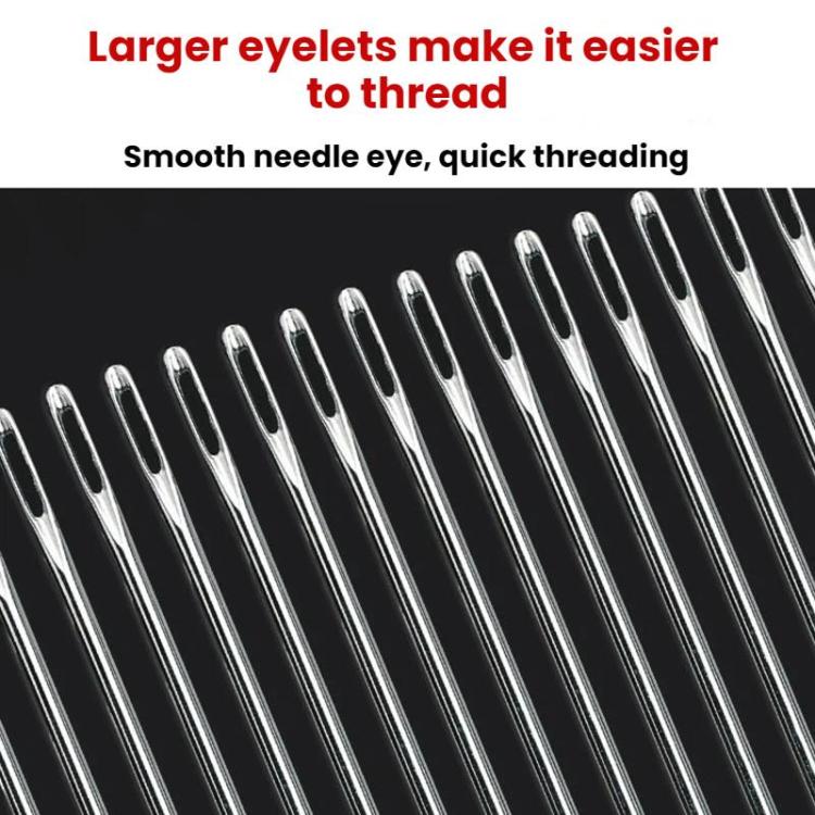 Close-up of large eye sewing needles, silver-tone, smooth needle eye