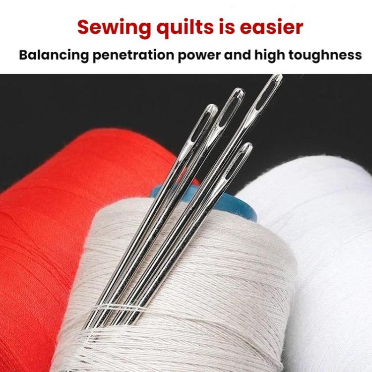 Quilt sewing needles over yarn, showing large eyes on long shanks