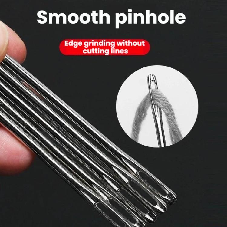 Close-up of needle eye and thread channel on long quilt sewing needles