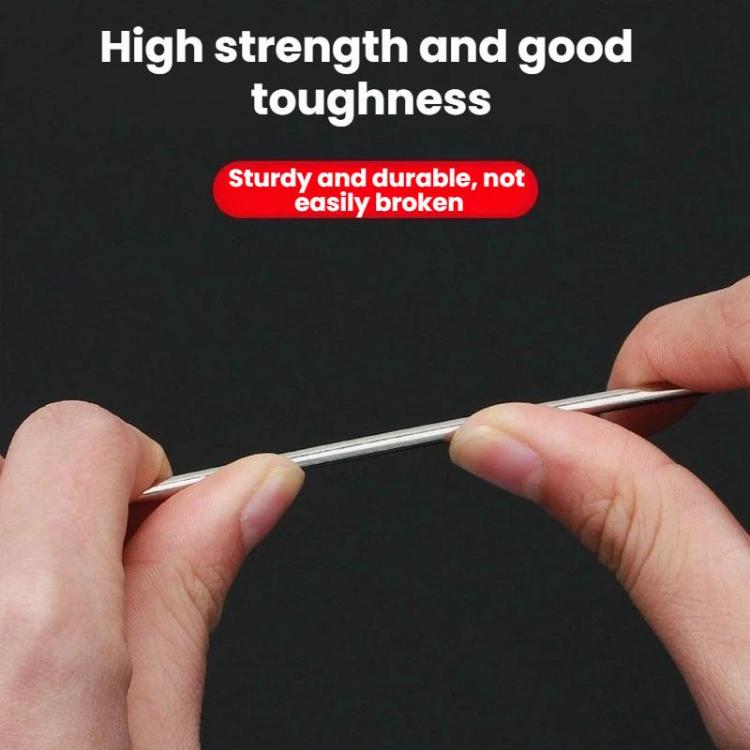 Long metal sewing needle with large eye, held between fingers for thick fabric stitching