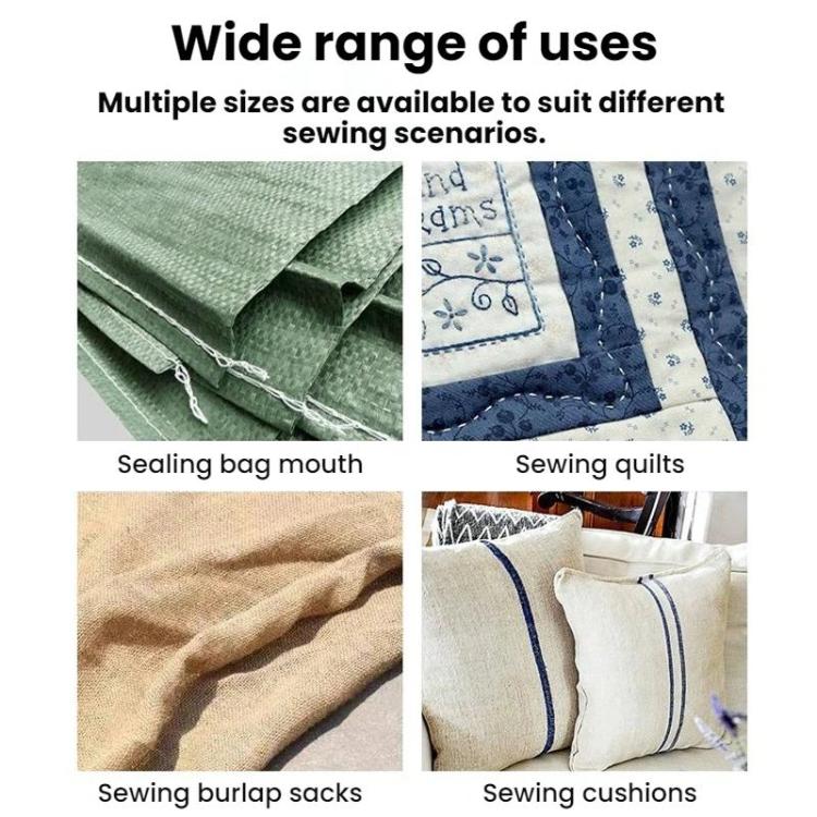 Sewing needle use shown on quilts, cushions, and burlap sacks