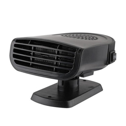 Black car heater fan with vented front grille and stand base