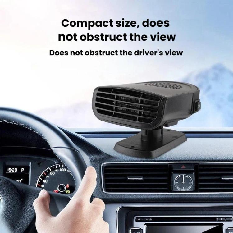 Compact black car heater fan placed on base near dashboard