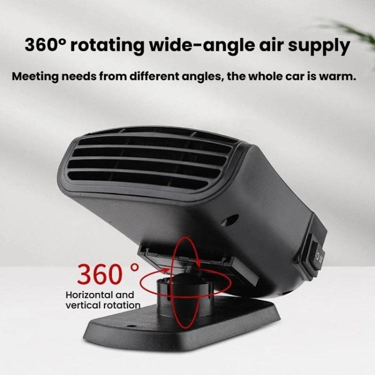 Black car heater fan on rotating base with wide-angle vent