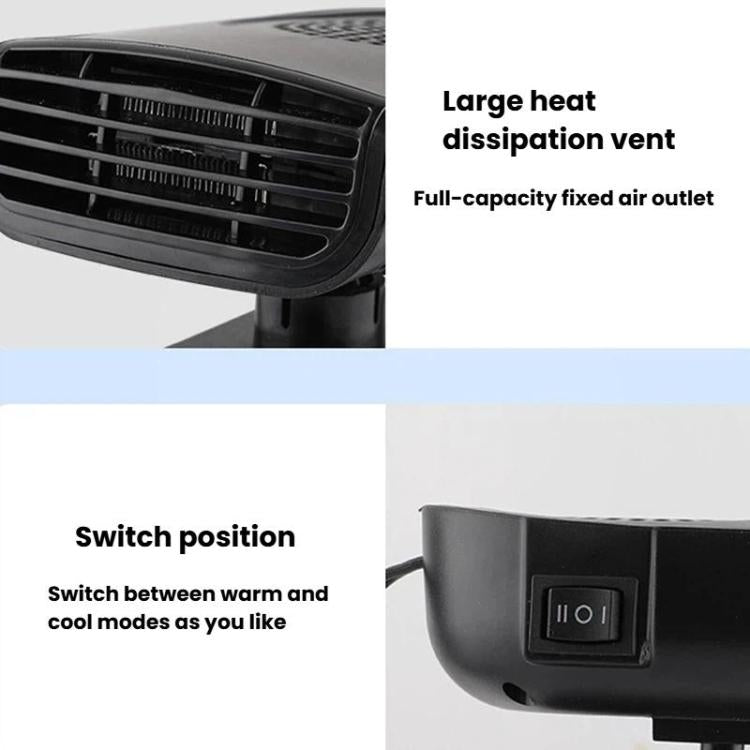 Black car heater fan with vent grille and warm/cool mode switch