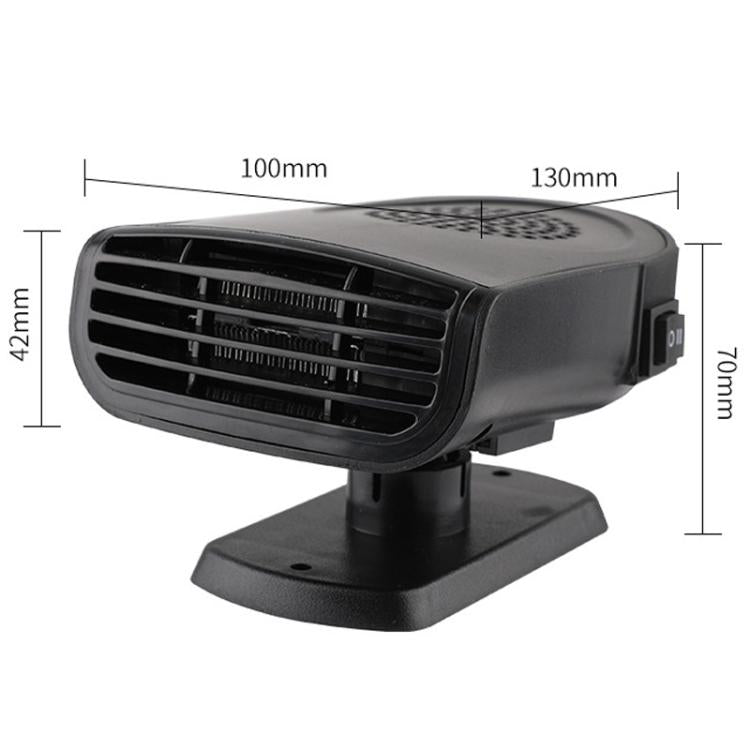 Compact black car heater and demisting fan with front grille and tilt stand base