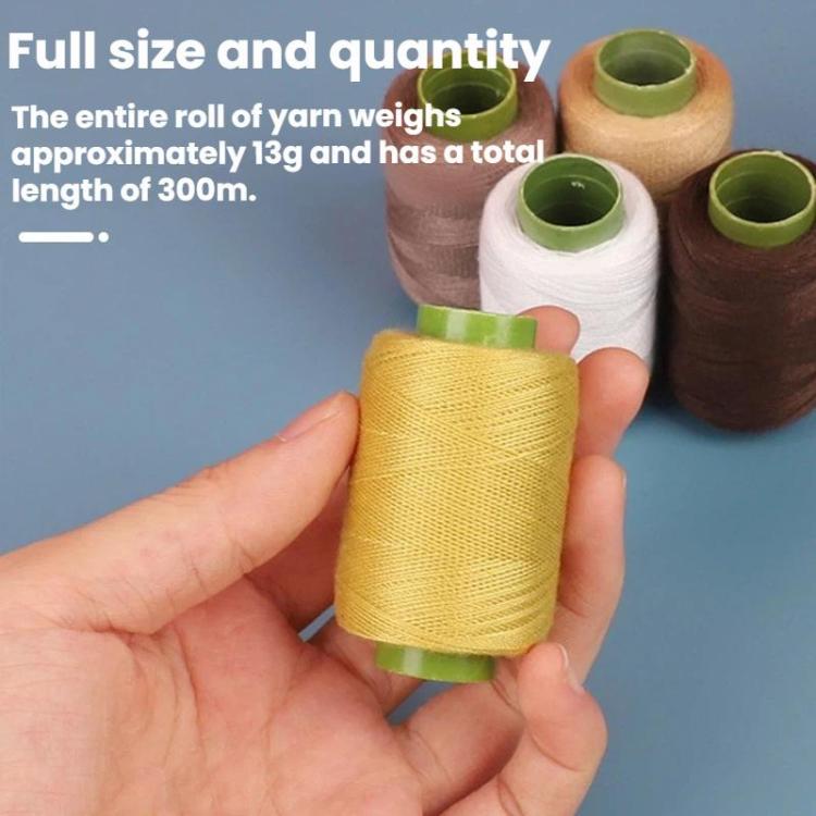 Yellow sewing thread spool held in hand with several spools behind