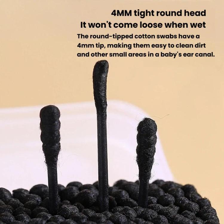 Close-up of upright black cotton swab tips on a tray of swabs