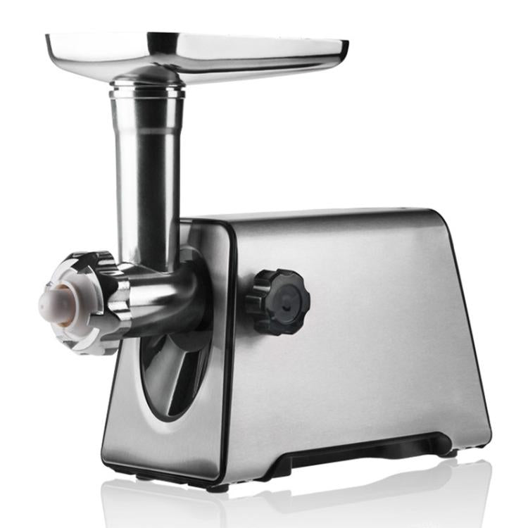 Electric meat grinder with stainless steel hopper and black power switch control