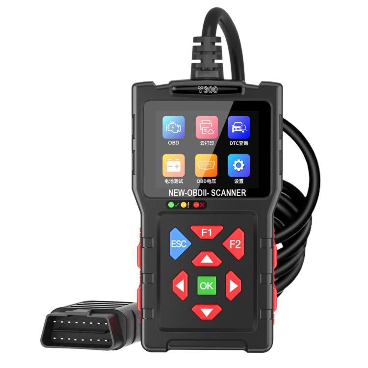 OBD-II car diagnostic scanner with red button keypad and OBDII connector cable