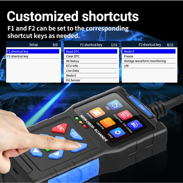 Black OBD2 scanner showing customizable shortcut buttons with arrow navigation keys