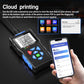 Black OBD2 scanner with QR code screen and phone showing diagnostic report app