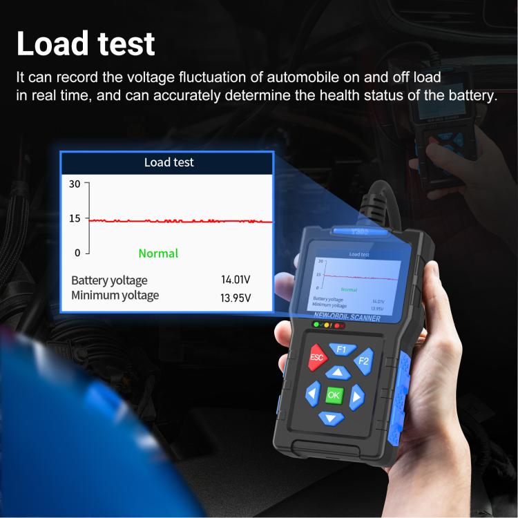 Handheld OBD2 battery load tester with on-screen voltage chart and blue buttons