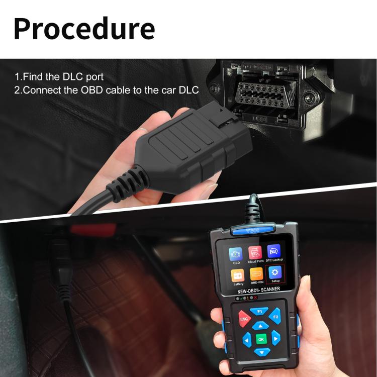 Hand plugging OBD2 cable into car DLC while holding black diagnostic scanner