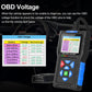 OBD-II car diagnostic scanner with blue keypad and screen showing voltage readout