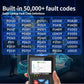 OBD-II car diagnostic scanner with blue keypad and screen displaying fault codes