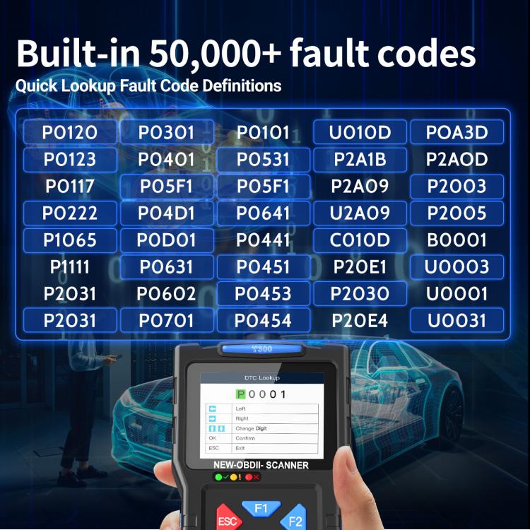 OBD-II car diagnostic scanner with blue keypad and screen displaying fault codes