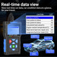 OBD-II car diagnostic scanner with blue keypad and screen showing live data