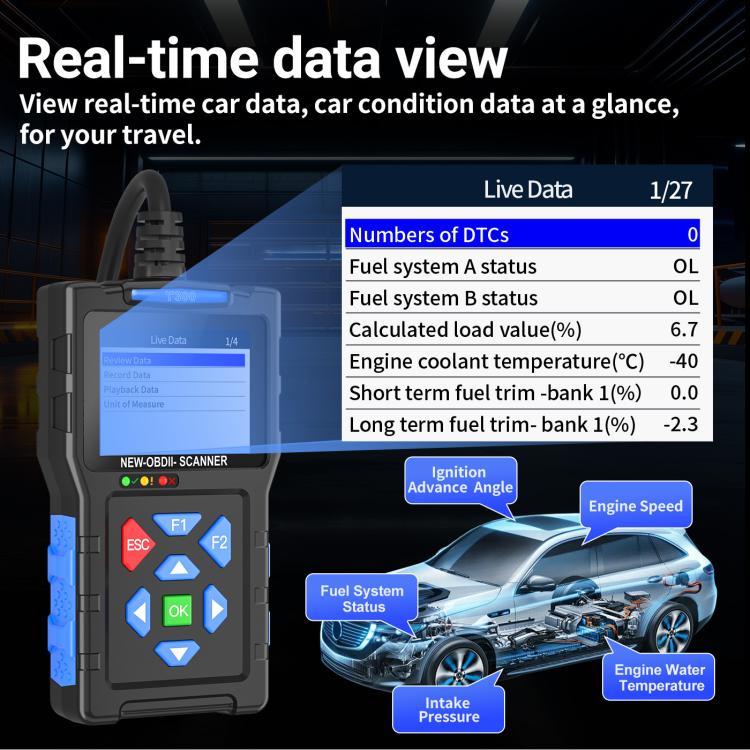 OBD-II car diagnostic scanner with blue keypad and screen showing live data