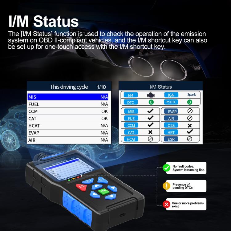 OBD-II car diagnostic scanner with blue keypad and screen showing I/M status