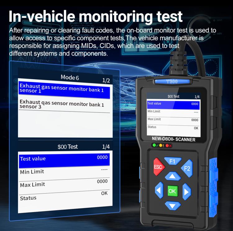 Handheld OBD2 diagnostic scanner with blue-highlight screen and blue button cluster