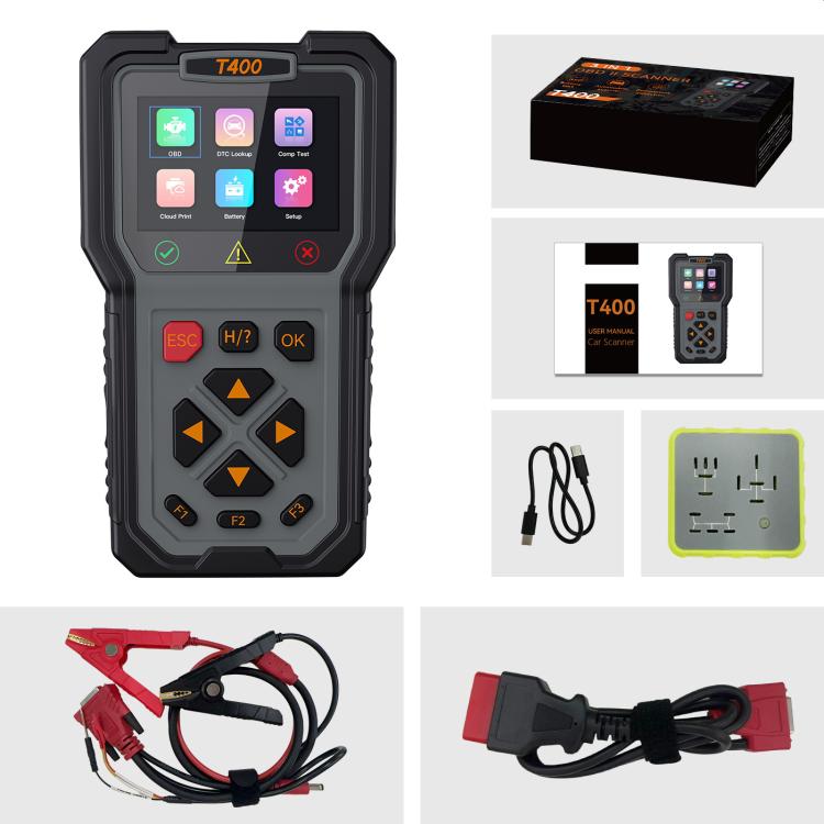 OBD2 fuel injector diagnostic tool with screen, buttons, and included wiring accessories