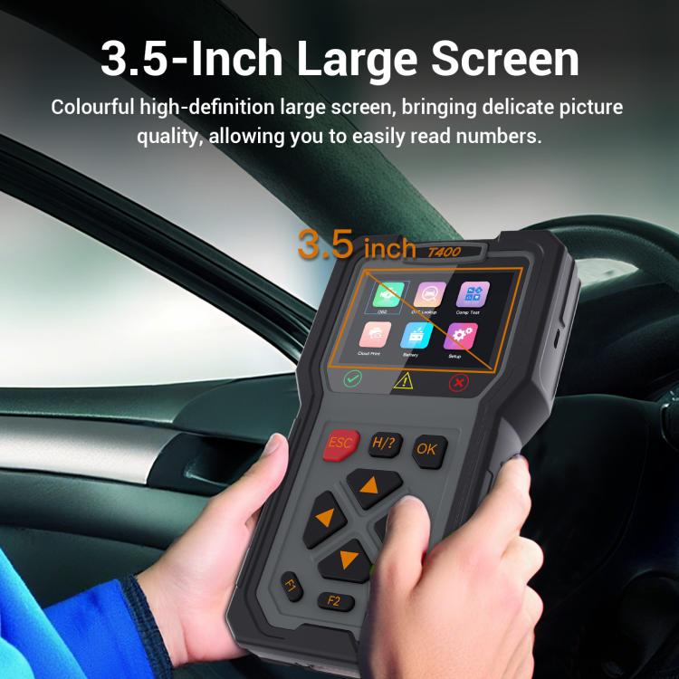 OBD2 fuel injector diagnostic tool held in hand with 3.5-inch color display
