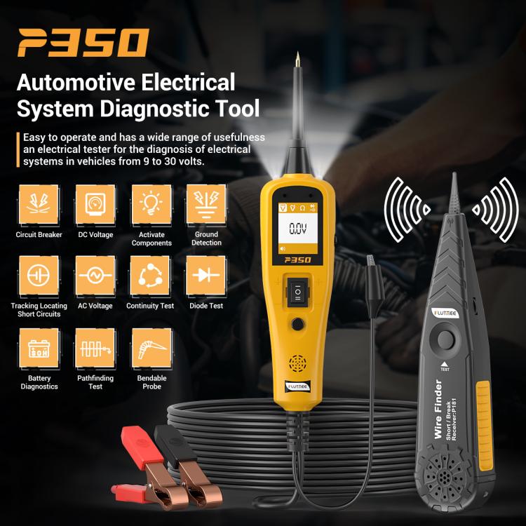 Automotive electrical circuit diagnostic tester with yellow handheld unit, wire finder, and cables